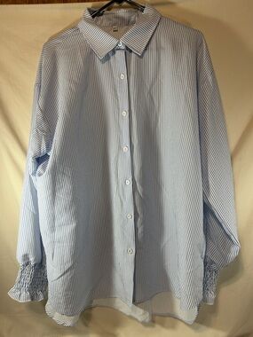 Woman’s Classic Blue Striped Button-Down Long Ruffle Sleeve Shirt